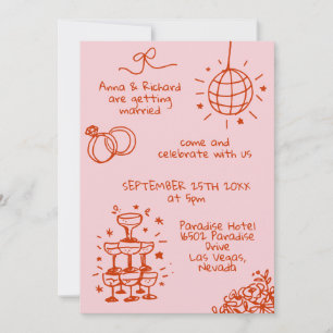 Whimsical Quirky Doodle Fun Pink Red Wedding Invitation