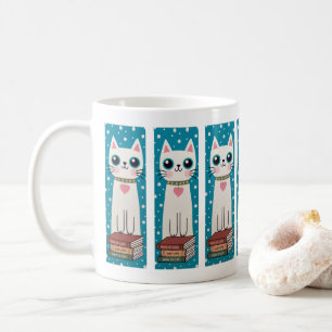 Whimsical Quirky Doodle White Cat And Books Coffee Mug