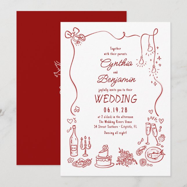 Whimsical Quirky Funky Hand Drawn Wedding Invitation (Front/Back)
