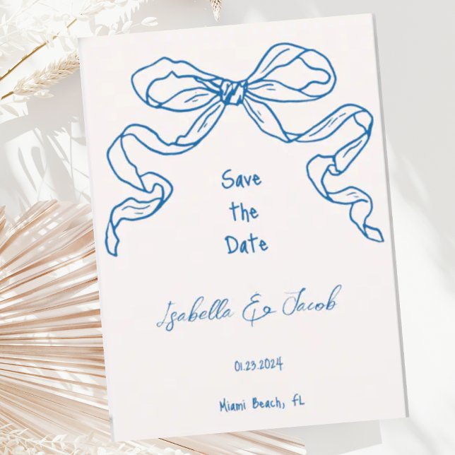 Whimsical Quirky Hand Drawn Blue Bow Save the Date Invitation (Creator Uploaded)