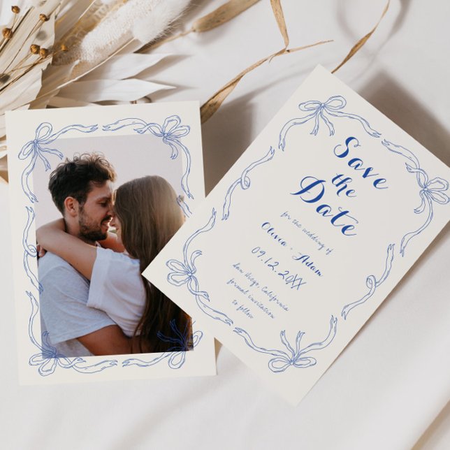 Whimsical Quirky Hand Drawn Bow Blue Save The Date (Creator Uploaded)