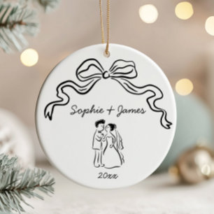 Whimsical Quirky Hand Drawn Bow Wedding Christmas  Ceramic Tree Decoration