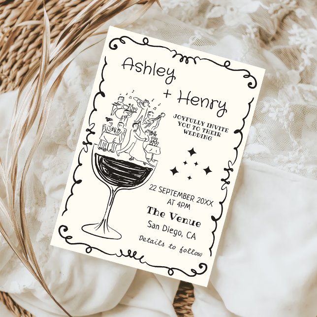 Whimsical Quirky Hand Drawn Champagne Wedding Invitation (Creator Uploaded)