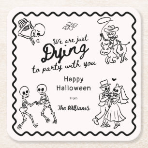 Whimsical Quirky Hand Drawn Doodles Halloween Square Paper Coaster