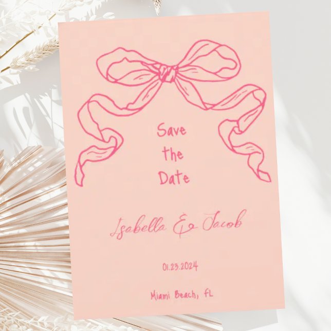 Whimsical Quirky Hand Drawn Pink Bow Save the Date Invitation (Creator Uploaded)