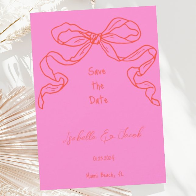 Whimsical Quirky Hand Drawn Pink Bow Save the Date Invitation (Creator Uploaded)
