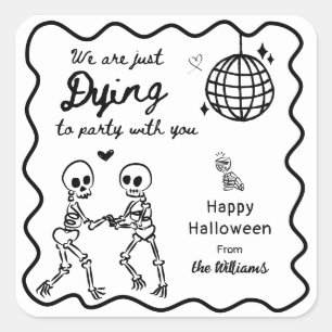 Whimsical Quirky Hand Drawn Skeleton Halloween Square Sticker