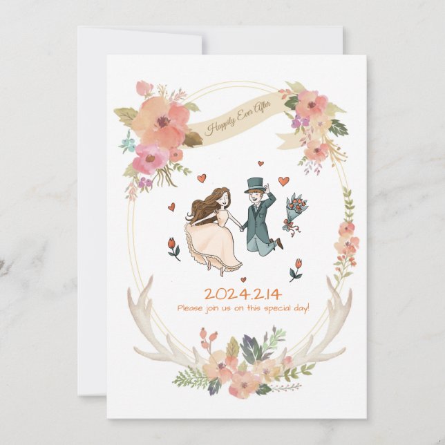 Whimsical, quirky, Hand Drawn Wedding Invitation (Front)