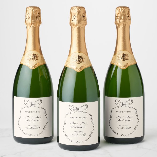 Whimsical Quirky Handwritten Bow Wedding Sparkling Wine Label (Bottles)