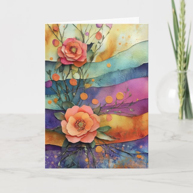 Whimsical Quirky Paper Flowers Hello Folded Card (Front)