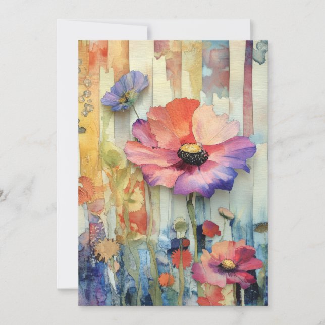 Whimsical Quirky Poppy Type Flowers Hello Flat Card (Front)