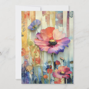Whimsical Quirky Poppy Type Flowers Hello Flat Card