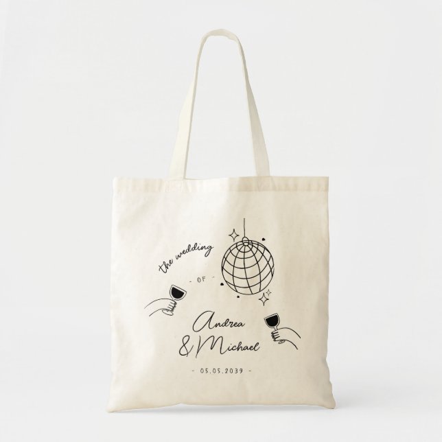 Whimsical Quirky Retro Disco French Wedding Favour Tote Bag (Front)