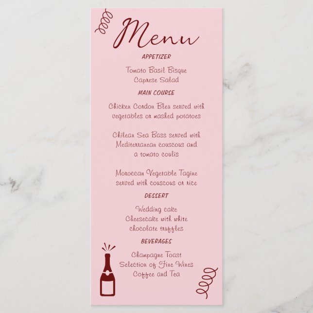 Whimsical Quirky Squiggles Pink Wedding  Menu (Front)