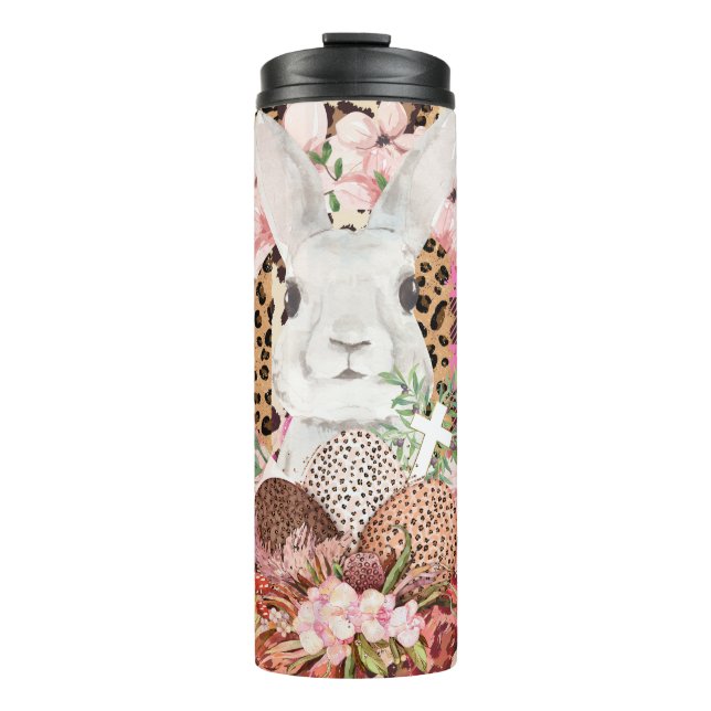 Whimsical Rabbit Amid Floral Mushrooms and Eggs Thermal Tumbler (Front)
