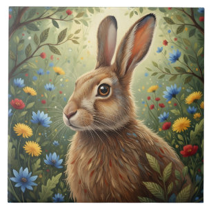 Whimsical Rabbit and Forest Flowers Nature Tile