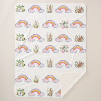 Whimsical rabbit and rainbow Sherpa Blanket