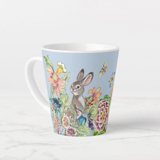 Whimsical Rabbit Blue Chinoiserie Floral Bunny  La Latte Mug (Left Angle)