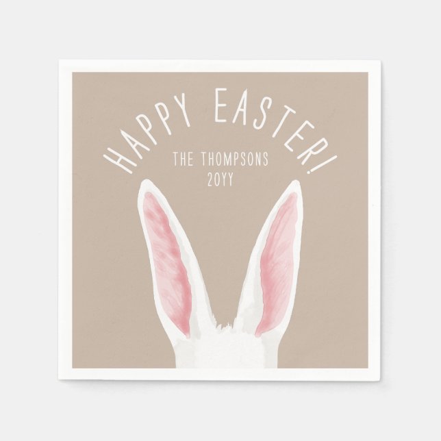 Whimsical Rabbit Ears On Beige Happy Easter Napkin (Front)