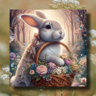 Whimsical Rabbit Flower Basket  Holiday Card