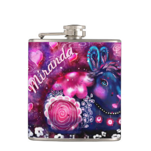 Whimsical Rabbit 'Glamour Bunny' Pink Purple Hip Flask