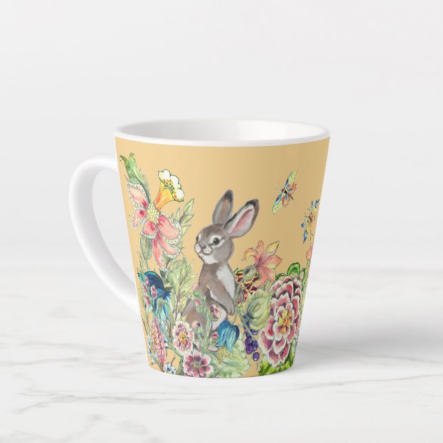 Whimsical Rabbit Gold Chinoiserie Floral Bunny Latte Mug (Left Angle)
