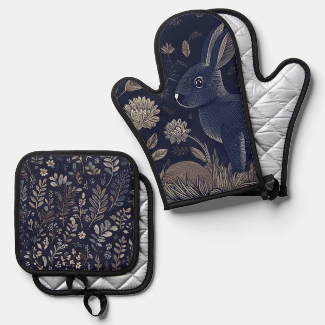 Whimsical Rabbit Oven Mitt & Pot Holder Set (Front/Back)