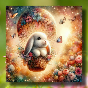 Whimsical Rabbit Watercolor Hot Air Balloon Easter Holiday Card