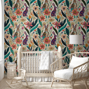 Whimsical rabbits and flowers pattern wallpaper