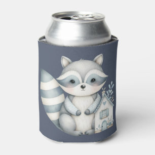 Whimsical Raccoon Night Woodland Cottage Scene Can Cooler