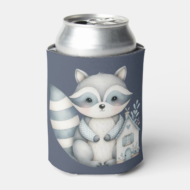 Whimsical Raccoon Night Woodland Cottage Scene Can Cooler (Can Front)