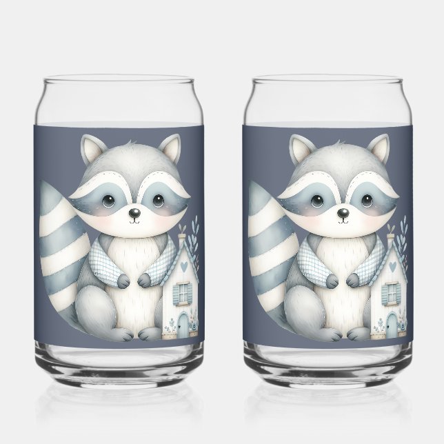 Whimsical Raccoon Night Woodland Cottage Scene Can Glass (Front)