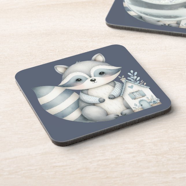 Whimsical Raccoon Night Woodland Cottage Scene Coaster (Left Side)