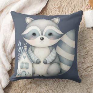 Whimsical Raccoon Night Woodland Cottage Scene Cushion
