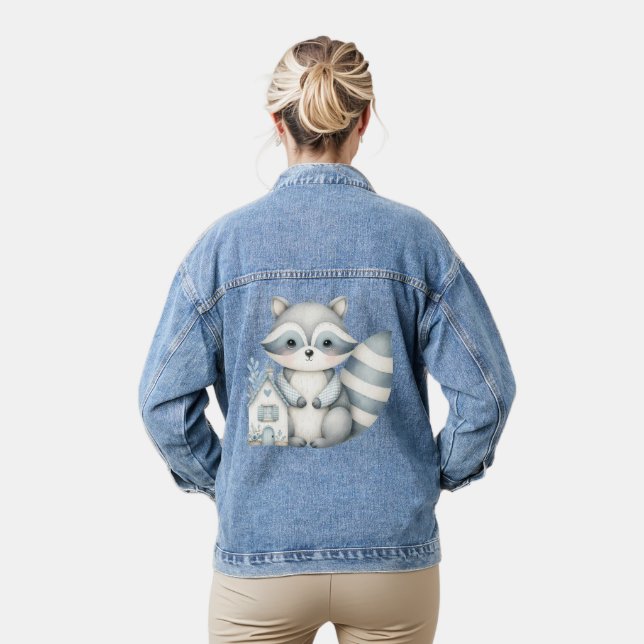 Whimsical Raccoon Night Woodland Cottage Scene Denim Jacket (Model)