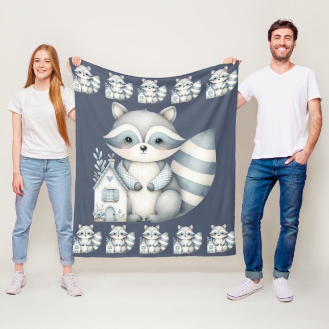 Whimsical Raccoon Night Woodland Cottage Scene Fleece Blanket (In Situ)