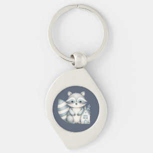 Whimsical Raccoon Night Woodland Cottage Scene Key Ring