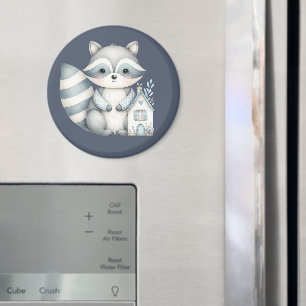 Whimsical Raccoon Night Woodland Cottage Scene Magnet