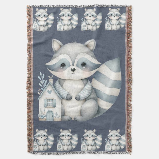 Whimsical Raccoon Night Woodland Cottage Scene Throw Blanket (Front Vertical)