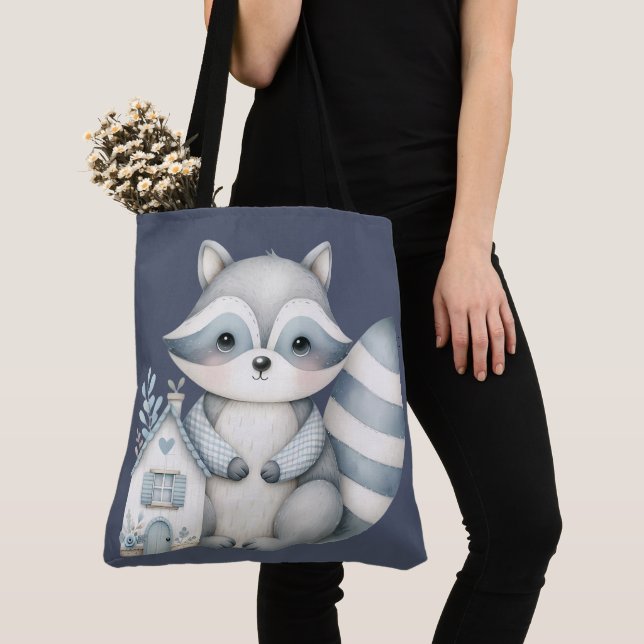 Whimsical Raccoon Night Woodland Cottage Scene Tote Bag (Close Up)