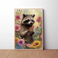Whimsical Racoon and Wildflowers Nature Art