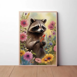 Whimsical Racoon and Wildflowers Nature Art Poster