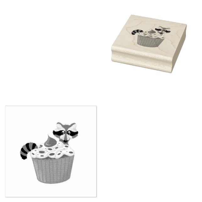 Whimsical Racoon & Chocolate Sprinkle Cupcake Rubber Stamp (Stamped)
