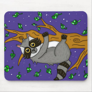 Whimsical Racoon Hanging from Tree Mouse Mat