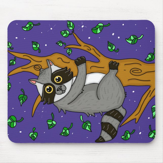 Whimsical Racoon Hanging from Tree Mouse Mat (Front)