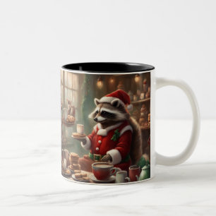 Whimsical Racoon Santa has Cookies & Coffee Two-Tone Coffee Mug