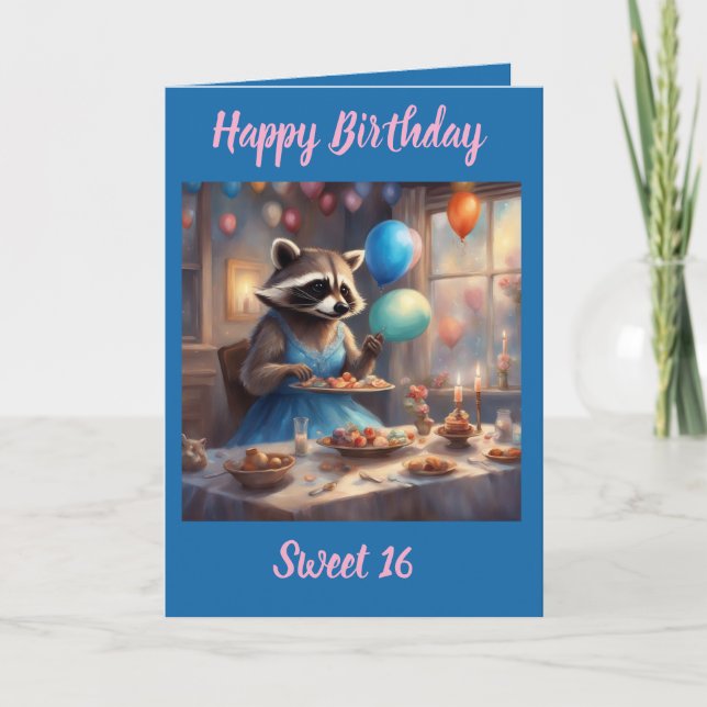 Whimsical Racoon sweet 16 birthday card (Front)
