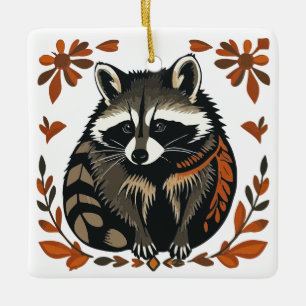 Whimsical Racoon Woodland Animal Folk or Tribal A Ceramic Ornament