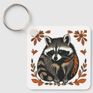 Whimsical Racoon Woodland Animal Folk or Tribal A Key Ring