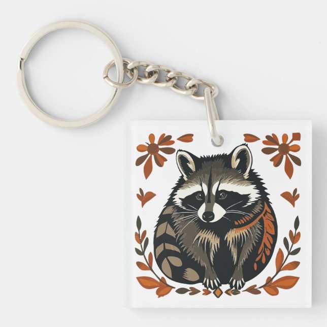 Whimsical Racoon Woodland Animal Folk or Tribal A Key Ring (Front)